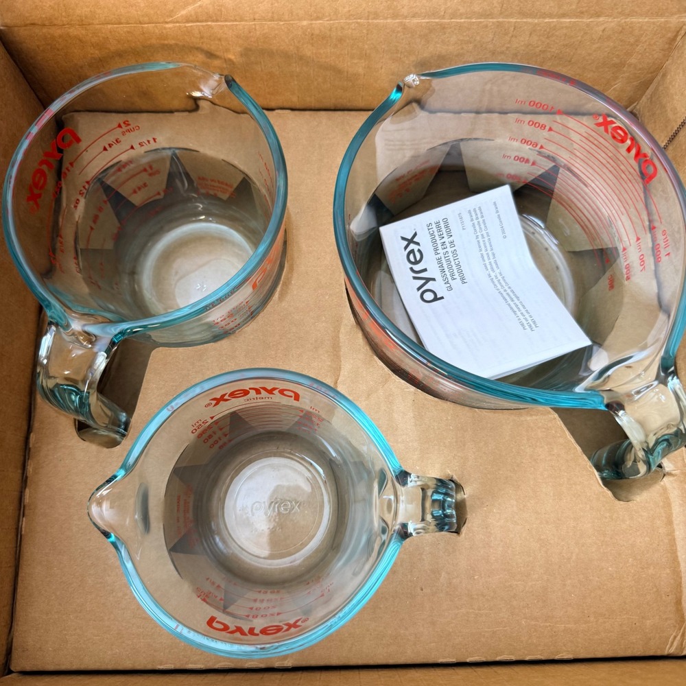 Pyrex‎ 3 Piece Glass Measuring Cup Set 1-Cup 2-Cup 4-Cup Clear Red 1118990 NEW